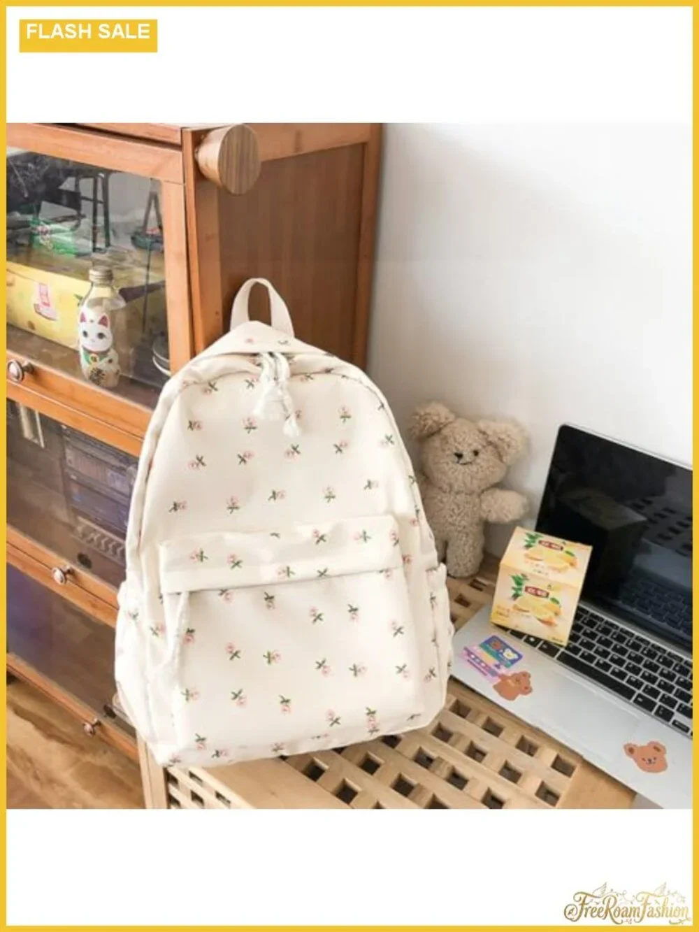 Waterproof Floral Canvas Backpack Women Fashion Rucksack Daypack Multi-Pocket